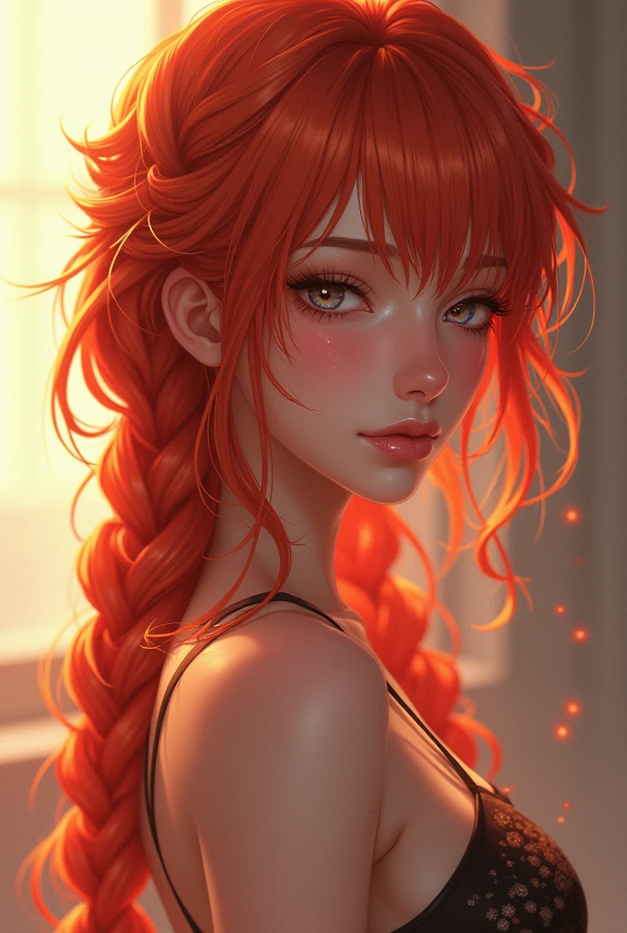 An anime drawing of a beautiful gorgeous sexy woman with redish braided hair