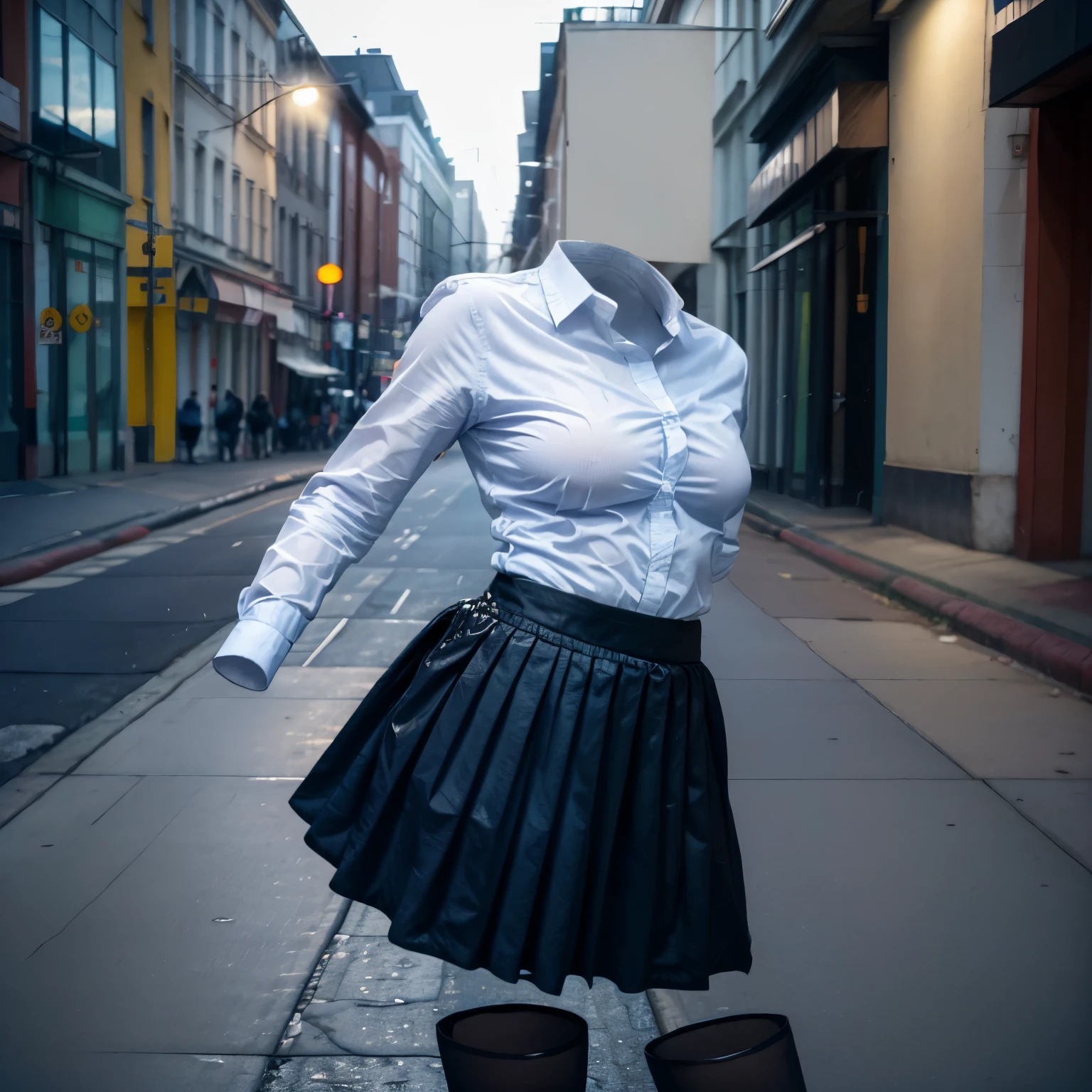 (Best-quality, Masterpiece, Ultra-High-Resolution, (Photorealistic:1.4), Raw Photo, depth of field, professional lighting, perfect anatomy, extremely details), 1girl, **-*****-***, cowboy shot, wearing extremely wet school blouse in city, school uniform, plaid skirt,running in city, blach pantyhose, from side, cute big breast:1.5