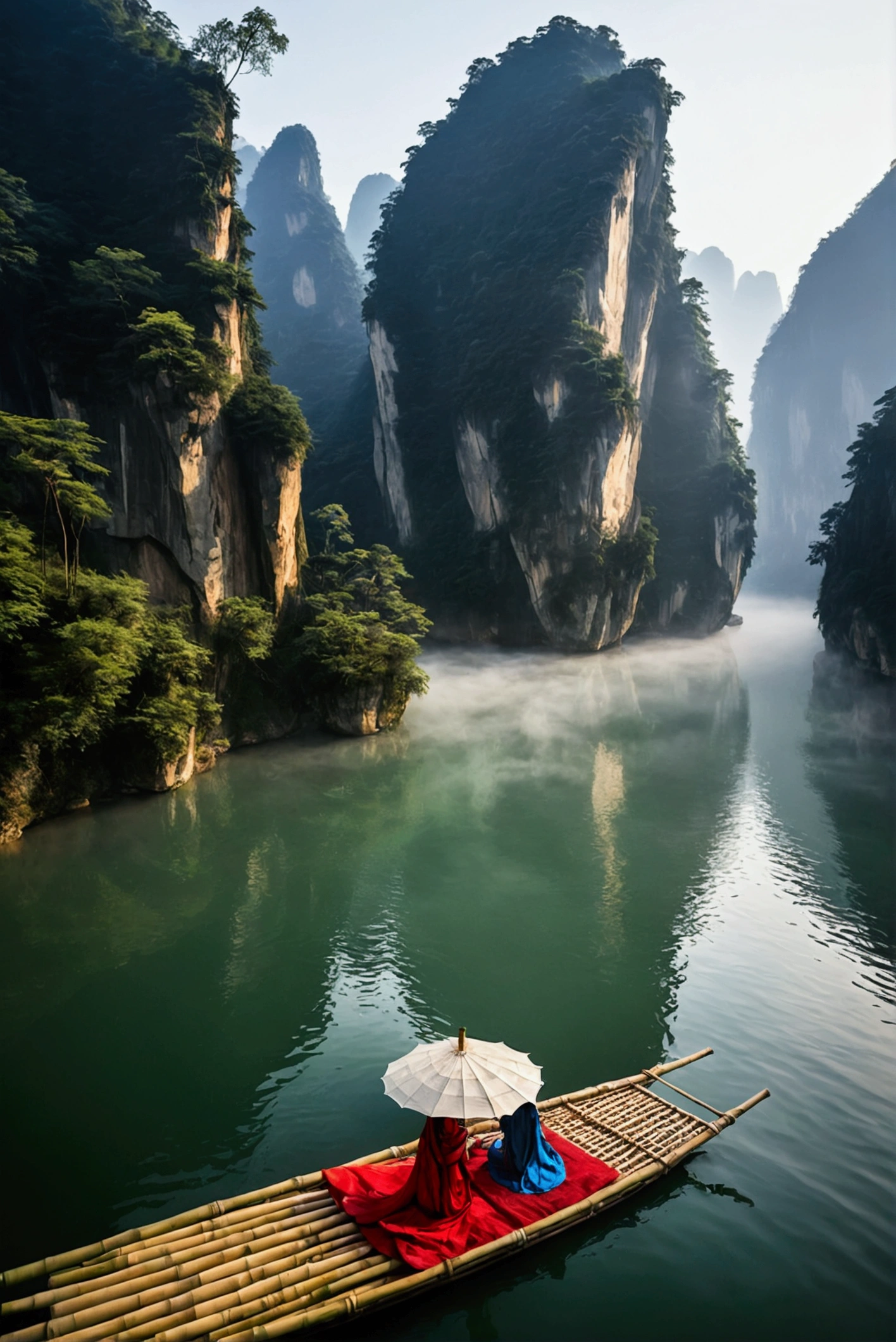 Misty,Sunset through the fog,Aerial view of a 92-degree angle shot of a bamboo raft tied with bamboo,A woman wearing Chinese Hanfu on a bamboo raft holds an umbrella in front,There is a boatman behind,,There are stone cliffs on both sides,Like a Chinese landscape painting, like a fairyland, like the mountains of Zhangjiajie,Maximum resolution,All the details can be seen clearly,Cinematic color grading