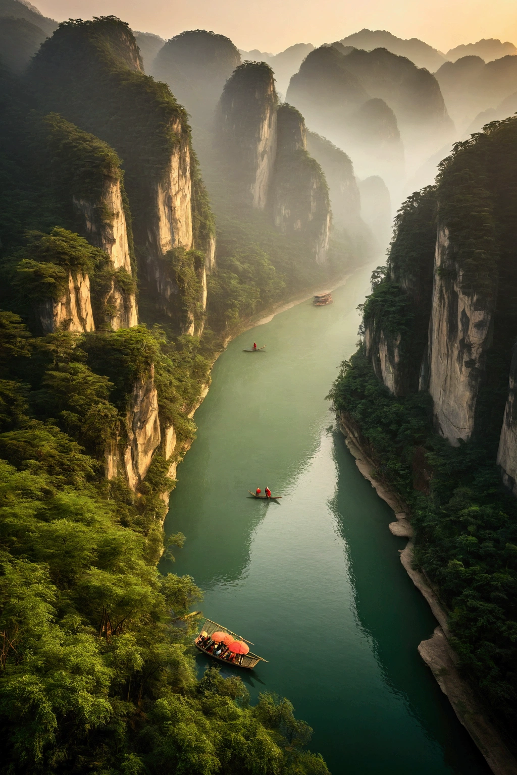 Misty，Sunset through the fog，Aerial view of a 92-degree angle shot of a bamboo raft tied with bamboo，A woman wearing Chinese Hanfu on a bamboo raft holds an umbrella in front，There is a boatman behind，，There are stone cliffs on both sides，Like a Chinese landscape painting, like a fairyland, like the mountains of Zhangjiajie，Maximum resolution，All the details can be seen clearly，Cinematic color grading