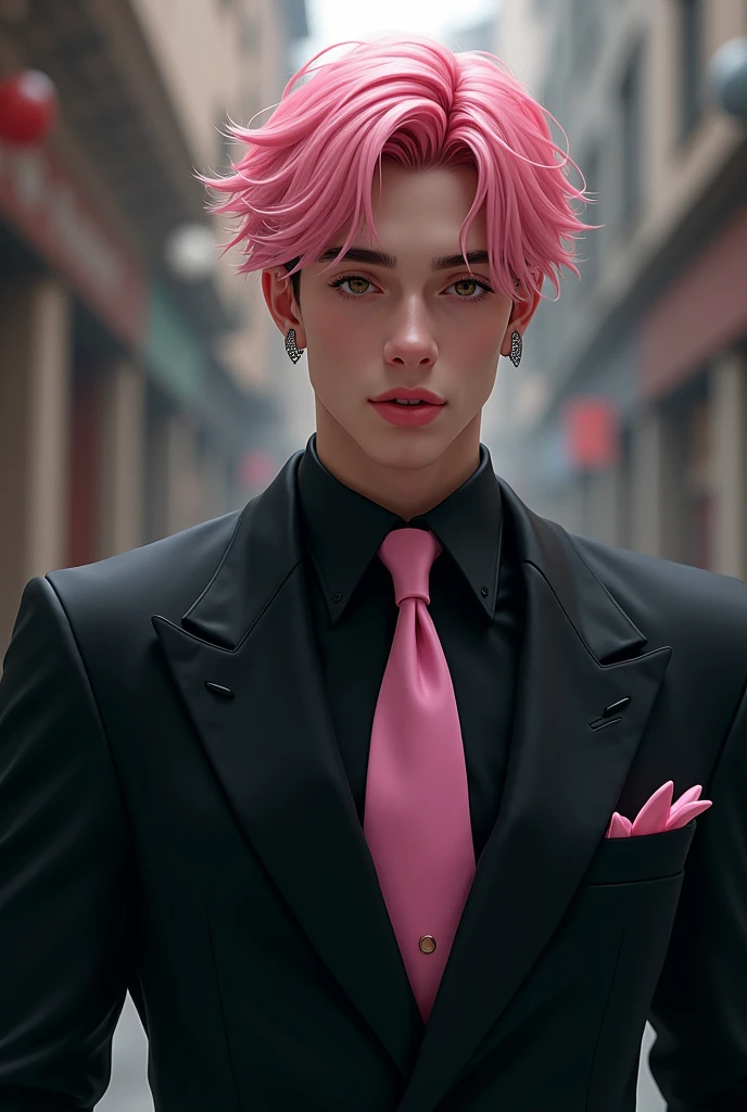 Mafia man in black suit, significant face, Alter 20 , hazel eyes, pink lips , pastel pink hair , no beard , still looks young , short hairs