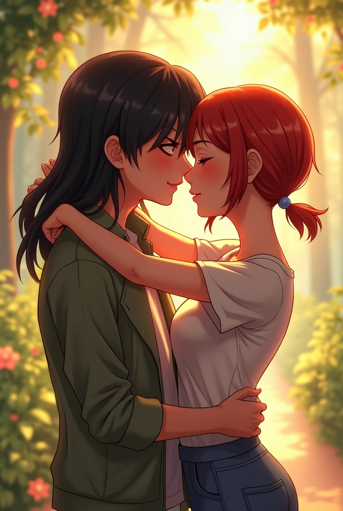 A girl white of haricut short and red, kissing boyfriend, a boy with the haircut long and black