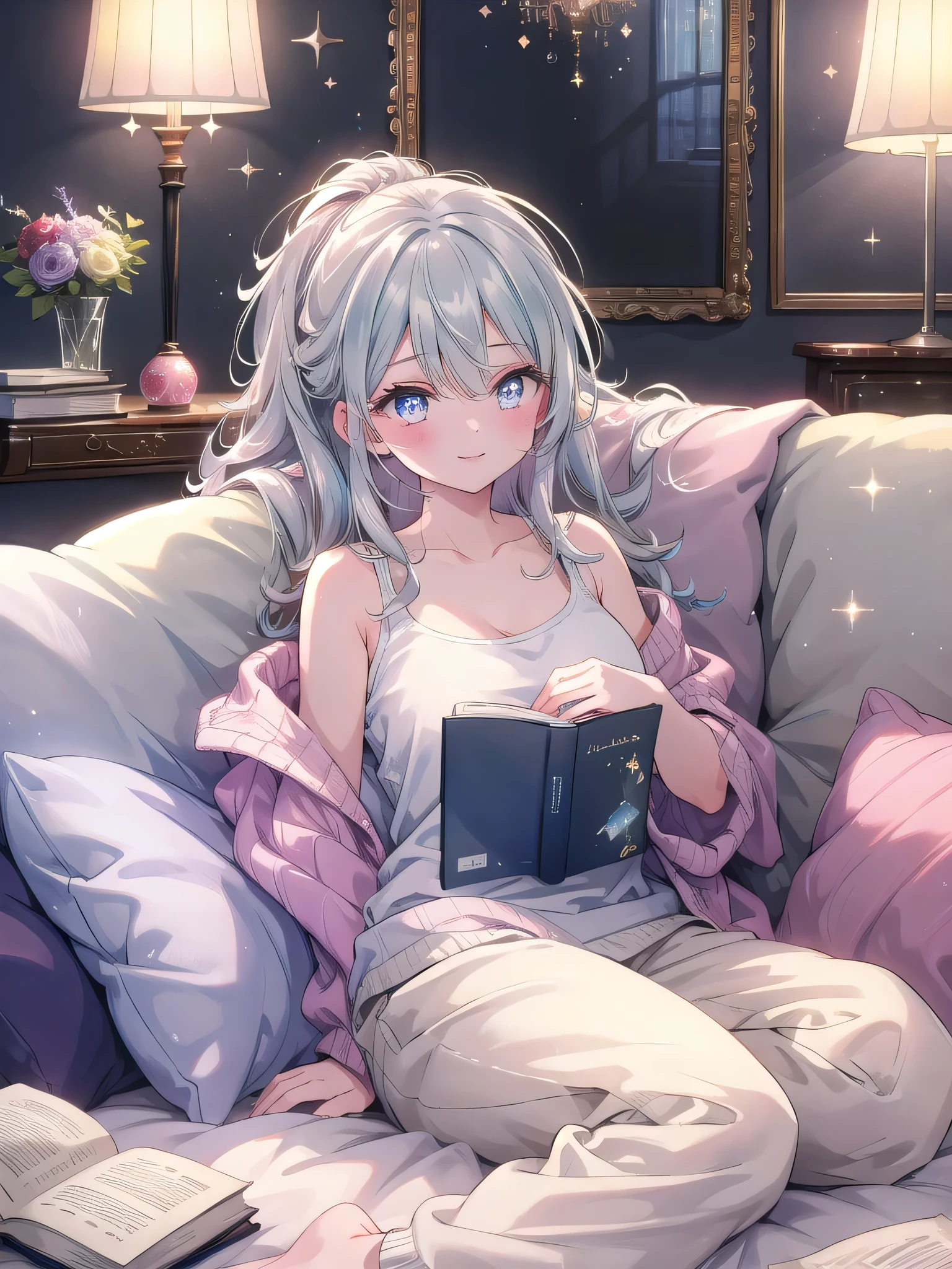 ((8k, Highest quality, masterpiece: 1.3)),Ultra-high resolution,(1 girl, alone), (Color changing eyes, Ultra-detailed, Expressive brilliance, Glitter, Glowing Eyes), Highly detailed eyes, Highly detailed face, Random Hair, ((pastel colour))Relaxing at Home with a Book
The woman is lying on a plush, oversized couch, a book held open in front of her. She’s dressed in a simple white tank top and loose grey sweatpants, her hair cascading down around her as she rests her head on a pillow. The room is softly lit with a floor lamp in the corner, and the atmosphere is quiet and peaceful. She glances up from the book to meet the camera with a relaxed, content expression, her lips curving into a gentle smile.