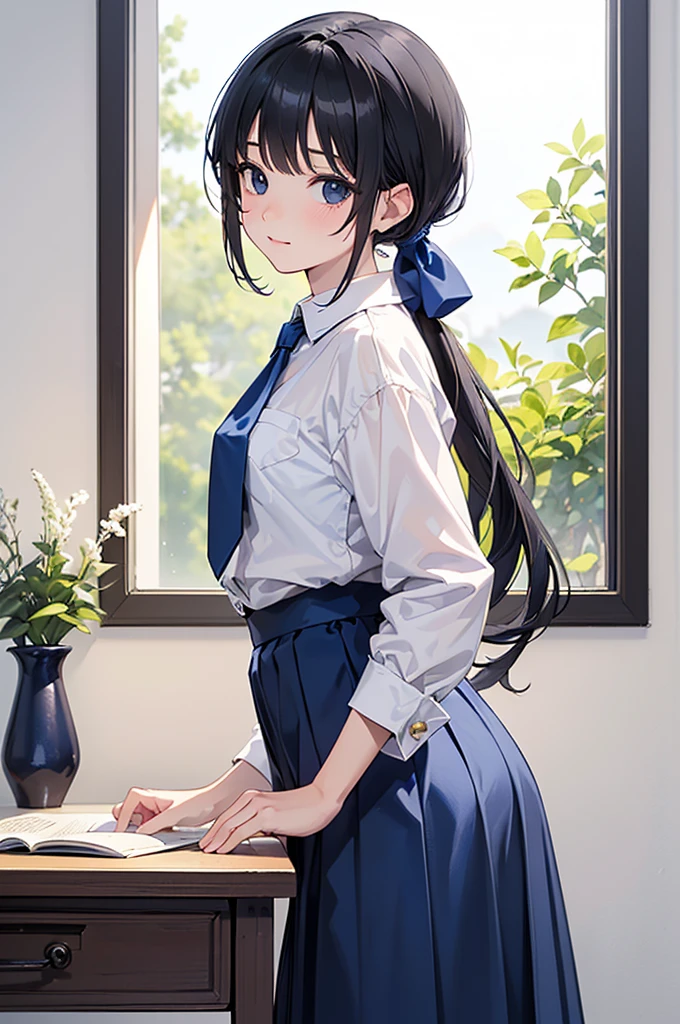 masterpiece, top quality, high resolution, very detailed, detailed background,(Praurem Chrome, (black hair, semi long hair, Blue ribbon on ponytail),(white blouse, Blue short ribbon tie, blue long skirt), small, Tidy, black eye,Studying, soft smile), Extended, chic study, vase