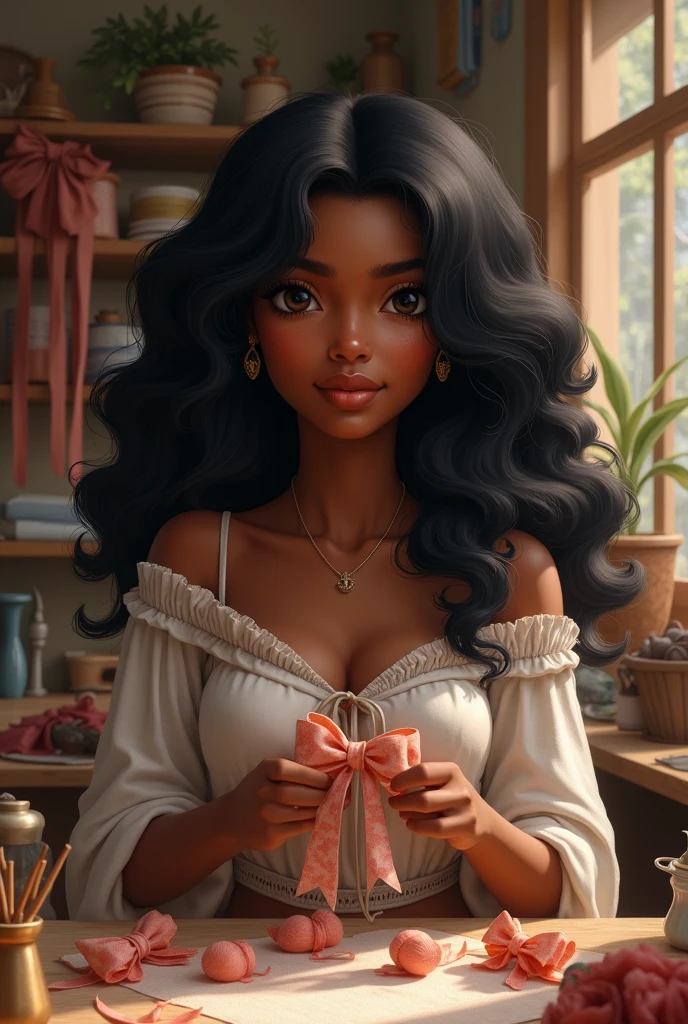  dark skinned with wavy black hair is wearing a dress and is working in her bow studio 