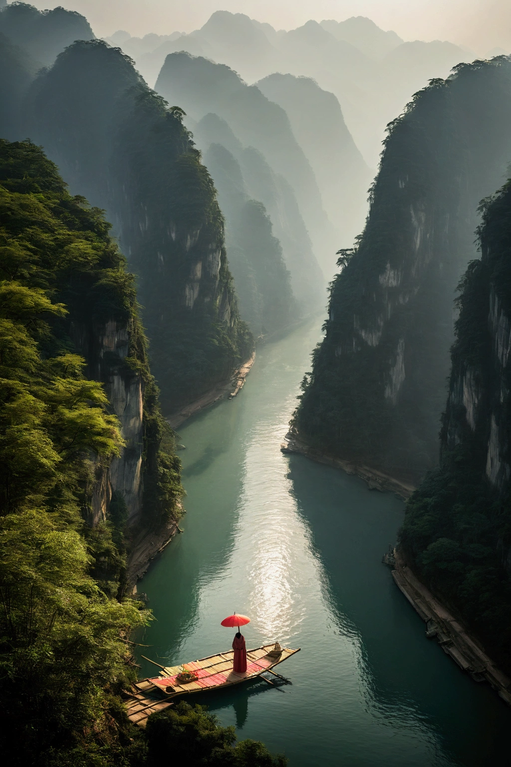Misty,Sunset through the fog,Aerial view of a 92-degree angle shot of a bamboo raft tied with bamboo,A woman wearing Chinese Hanfu on a bamboo raft holds an umbrella in front,There is a boatman behind,There are stone cliffs on both sides,Like a Chinese landscape painting, like a fairyland, like the mountains of Zhangjiajie,Maximum resolution,All the details can be seen clearly,Cinematic color grading