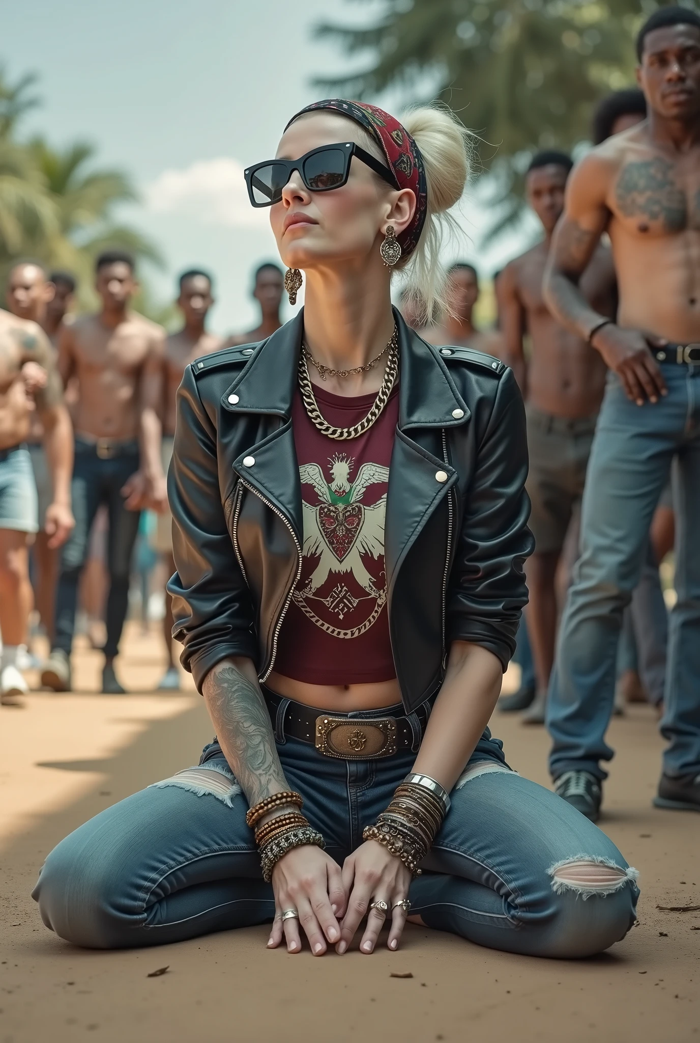 russian old milf woman, , blonde platinum hair (beehive bun) and wide colourful bandana as headband). Wearing oversized square maxi sunglasses. Square jaw, with very light green eyes, extremely pale. No tan. Wearing aged cropped black moto jacket (zippers on the side). Cropped short dark red push up t-shirt with winged shull logo and gothic lettering,, dark skinny low rise blue jeans with holes on knees (white cotton visible). White tennis sneakers and bead bracelets around ankles. Lots of thick wide studded bracelets, chain collars and big rings. Tacky wide studded leather belt with swastika oval buckle. Long earrings with chains and feathers. Kneeling, chin up looking at the sky, stretching her neck.. Hands on knees, spread legs, Toned abdominals, thin neck, slim legs and thin arms. Narrow hips. Heavily tattooed in colour on chest, hands, neck and arms. Crowded dirt street of Nairobi with shirtless men crowding behind her