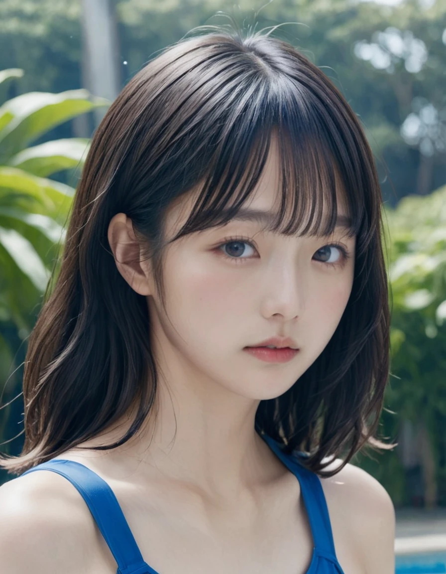 1、solo、Highest quality、Super detailed、High resolution、(Realistic、Realistic、Realistic:1.2)、(Flat Chest、Beautiful Face:1.2)、(13age、teenager:1.2)、bangs、t405、Something Blue - Peace Swimsuit、swimming pool、Wet Hair、