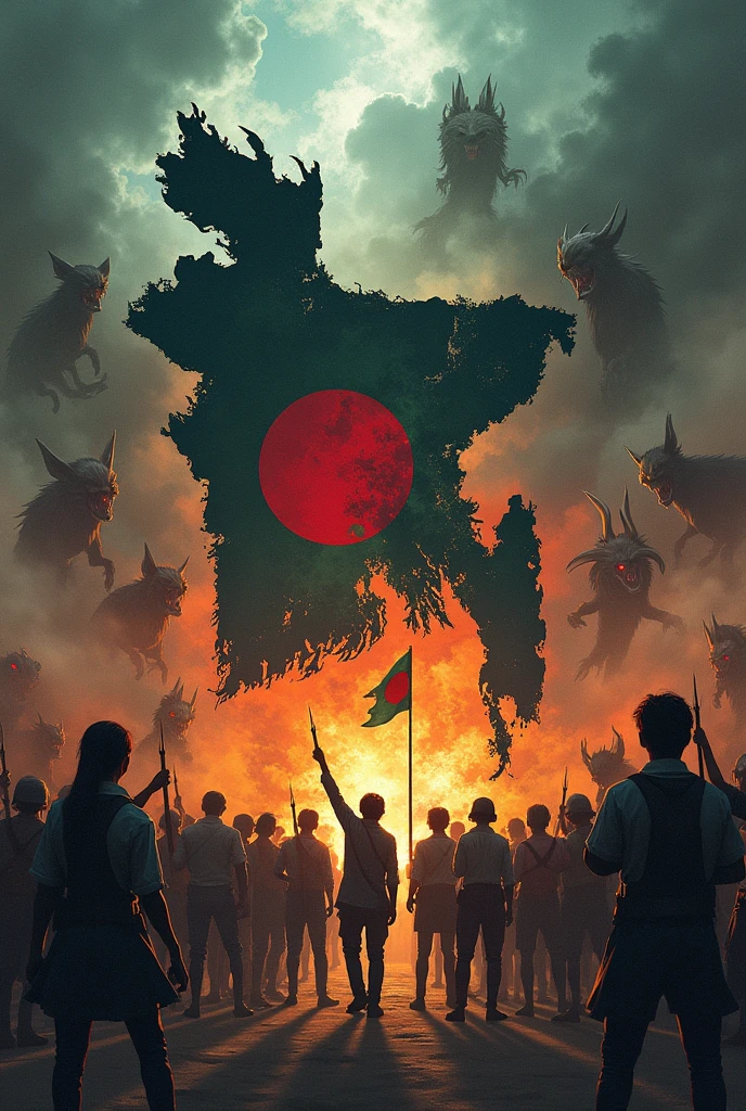 "Depict a vivid battle scene with the map of Bangladesh as the background. On one side, a group of creatures including a wolf, a hyena, a vampire, and other monsters are advancing to destroy a specific target. On the other side, brave students are standing in defense, holding the Bangladesh flag. The scene should convey an atmosphere of full-scale war, showing the intense clash between dark forces and the young defenders, with the map of Bangladesh symbolizing the entire battleground."