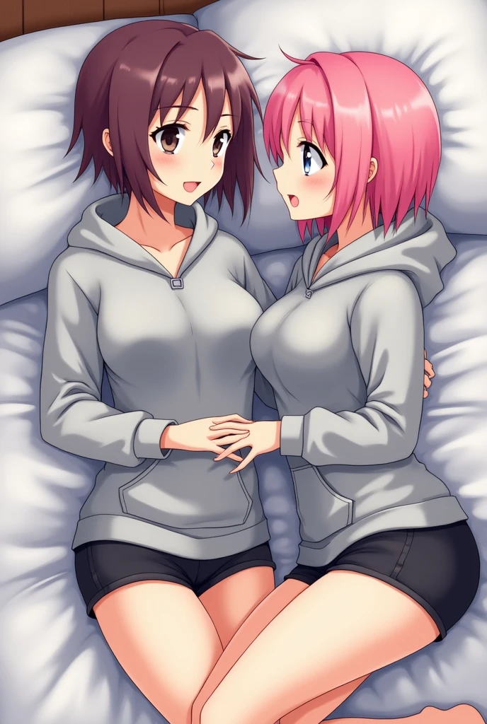 Pink haired woman.、Japanese、Berry Short、mash、Bobcut、cute、G Cup、Emphasis on breasts、Embrace、They say "Come on!"