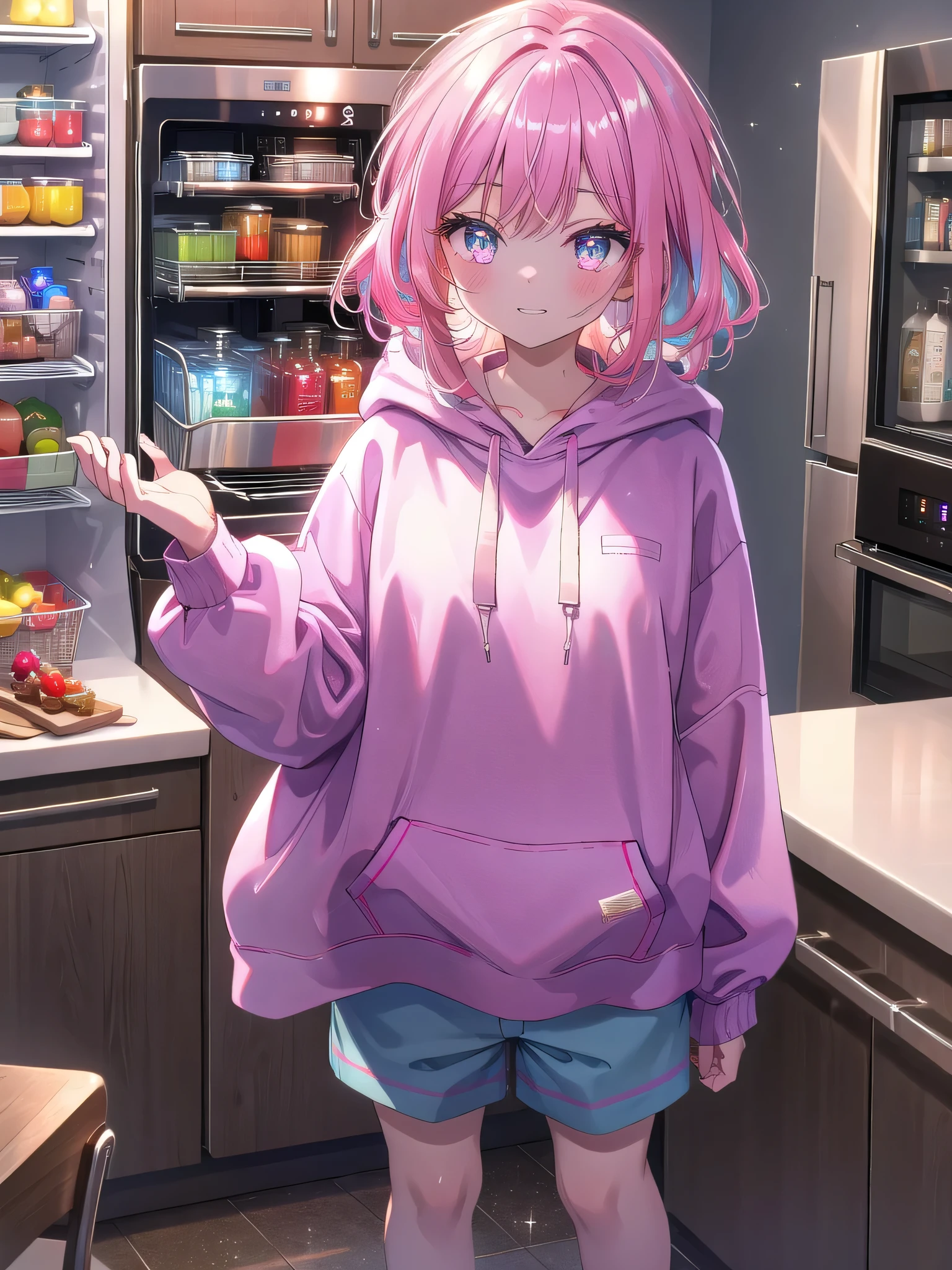 ((8k, Highest quality, masterpiece: 1.3)),Ultra-high resolution,(1 girl, alone), (Color changing eyes, Ultra-detailed, Expressive brilliance, Glitter, Glowing Eyes), Highly detailed eyes, Highly detailed face, Random Hair, ((pastel colour))Late-Night Snack
In a dimly lit kitchen, the woman is standing by the open refrigerator, looking over her shoulder at the camera with a mischievous grin. She’s dressed in an oversized hoodie and short pajama shorts, her hair slightly messy from sleep. The fridge casts a soft light on her face, illuminating her playful expression as she reaches for a midnight snack. The rest of the kitchen is dark, with only the soft hum of the refrigerator breaking the silence.