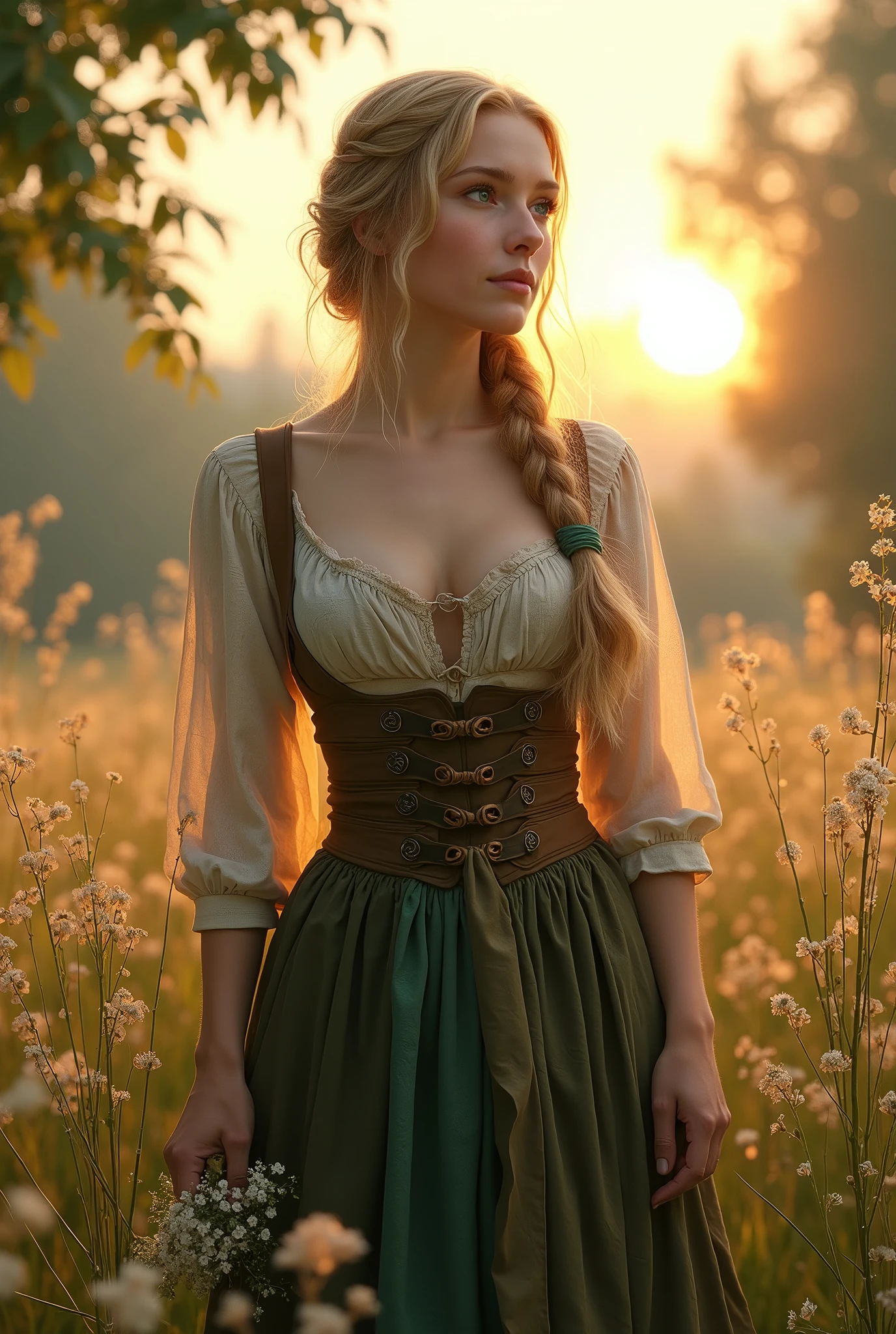 Envision a woman standing in a sun-dappled meadow on the outskirts of a medieval village, surrounded by wildflowers and tall, gently swaying grasses. Her long, blonde hair is loosely braided, with a few soft curls escaping to frame her bright blue eyes. Her fair skin glows in the golden light of the late afternoon sun, with a natural flush of pink on her cheeks. She is dressed in the simple yet charming attire of a village maiden: a cream-colored linen blouse with a modest but open neckline, revealing just a hint of her generous cleavage. Over it, she wears a deep green, worn but well-fitted bodice that accentuates her curvy figure. Her skirt is a patchwork of earthy tones, flowing down to her ankles, though it’s slightly lifted by the breeze, giving a glimpse of her thick, shapely legs.
The meadow is filled with the fragrance of blooming flowers, and the distant sound of a babbling brook adds to the serene atmosphere. A gentle breeze rustles the leaves of nearby trees, and birds sing sweetly from their branches. Her blue eyes are soft and full of longing as she gazes toward the horizon, where the sun begins to dip, casting a warm, golden glow over the landscape. Her posture is relaxed yet graceful, one hand lightly clutching a small bouquet of wildflowers, the other resting on her hip as she breathes in the tranquility of the moment.
Despite the simplicity of her attire, there is a quiet, romantic allure in her presence, enhanced by the natural beauty surrounding her. The scene is one of peaceful intimacy, where the gentle charms of the countryside blend with the subtle, captivating beauty of the village maiden, creating a moment of timeless romance.