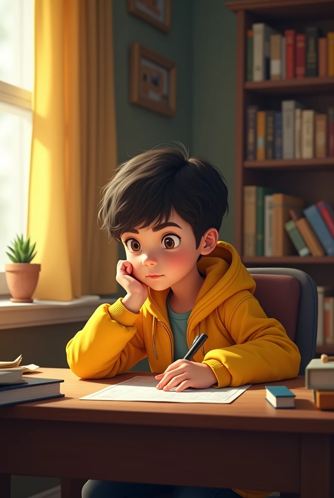A boy is sitting on his desk wearing e yellow jacket and