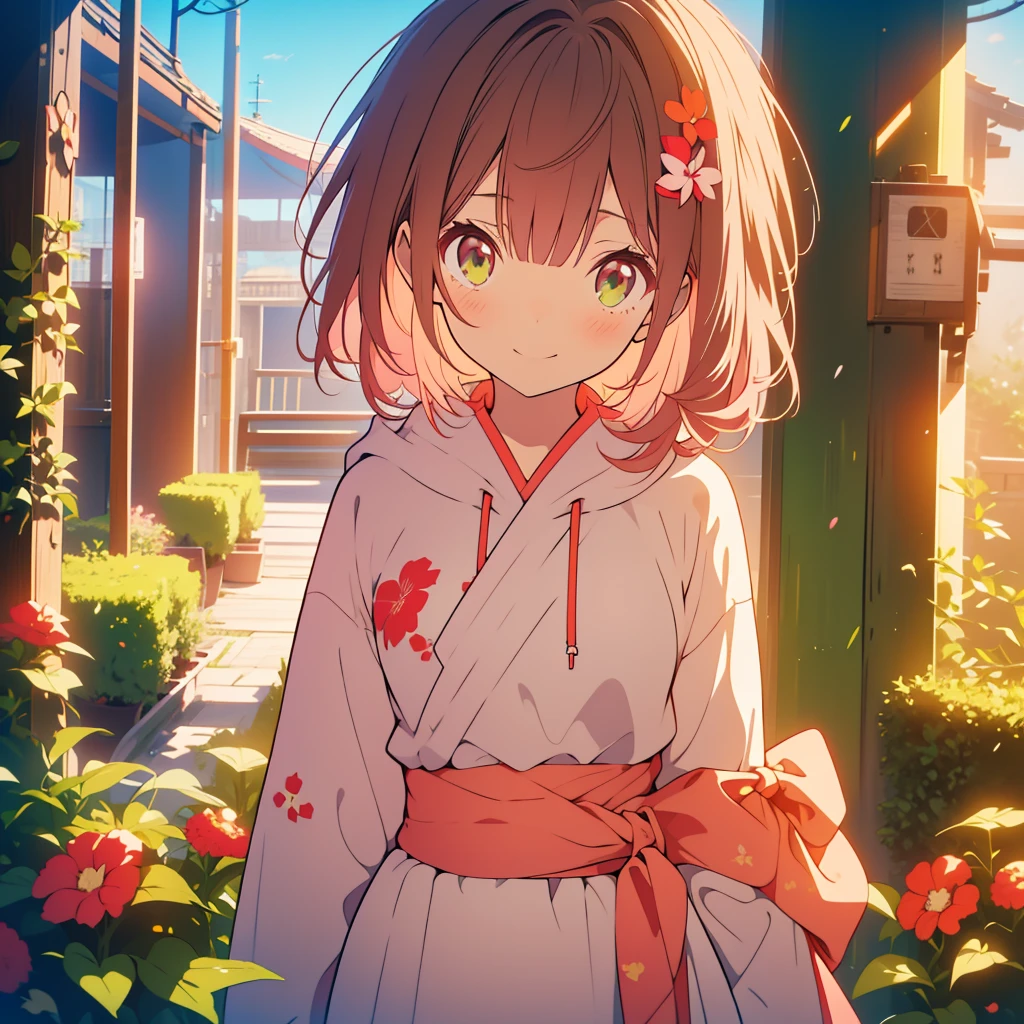 kawaii, anime, Cute, hyper quality, highly detailed, 8k, Clarity, Draw facial expressions in detail, A young girl with short light pink hair and scarlet eyes., Housenka, Impatiens balsamina, troubled face, whole body, put your hand on your chest, patience, A girl with long dark brown hair and green eyes, smile, talk, aggressive, hoodie, put your arm around your waist,