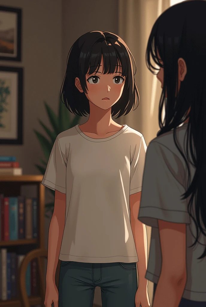 Teenage girl with short black hair wearing a white short sleeve polo shirt.Talking to a lady with long black hair in the background of a room