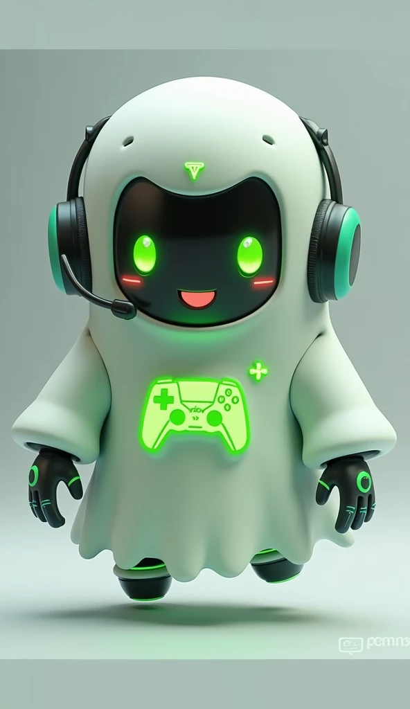 Create a medium-sized robot pet with a ghost-like appearance. With slightly rounded shapes resembling a drop. On your hands you have well defined fingers. His facial expression has large, green eyes with a glow, conveying a friendly and cheerful expression. He has a small open mouth with a happy smile and flushed cheeks.. Its body is white with small green details and a smooth, slightly shiny texture.. He has a headset on his head with an adjustable microphone positioned close to his mouth.. And on his chest you can see the illuminated shape of a Playstation 5 controller in fluorescent green.. It floats in the air, as if he were ready for an adventure. Behind the character you can see a portal and on it is written "Soul Gamer"