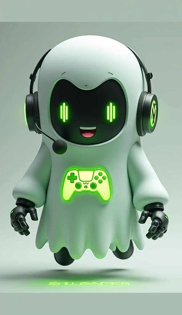 Create a medium-sized robot pet with a ghost-like appearance. With slightly rounded shapes resembling a drop. On your hands you have well defined fingers. His facial expression has large, green eyes with a glow, conveying a friendly and cheerful expression. He has a small open mouth with a happy smile and flushed cheeks.. Its body is white with small green details and a smooth, slightly shiny texture.. He has a headset on his head with an adjustable microphone positioned close to his mouth.. And on his chest you can see the illuminated shape of a Playstation 5 controller in fluorescent green.. It floats in the air, as if he were ready for an adventure. Behind the character you can see a portal and on it is written "Soul Gamer"