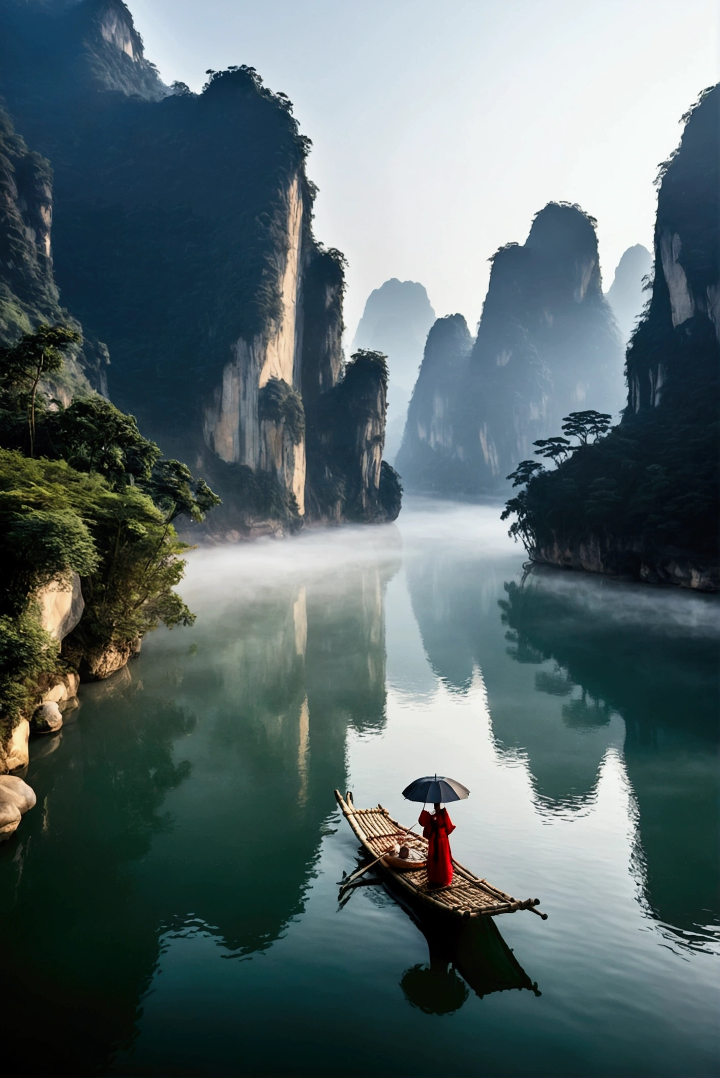 Misty，Sunset through the fog，A 92-degree aerial view of a simple bamboo raft tied with bamboo，A woman wearing Chinese Hanfu on a bamboo raft holds an umbrella in front，There is a boatman behind，There are stone cliffs on both sides，Like a Chinese landscape painting, like a fairyland, like the mountains of Zhangjiajie，Maximum resolution，All the details can be seen clearly，Cinematic color grading