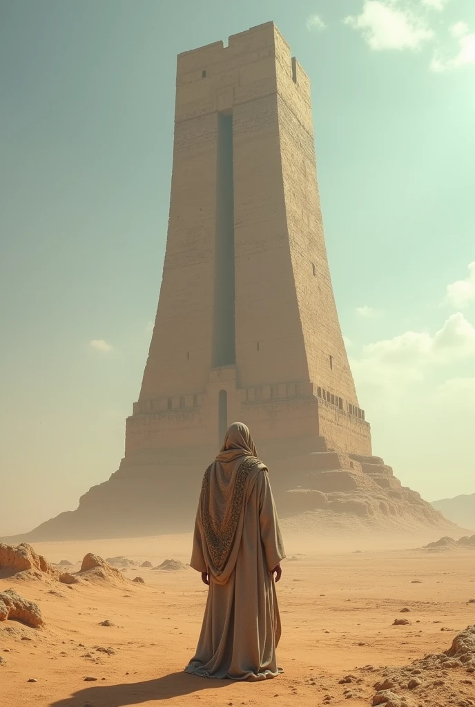 Highest quality、masterpiece、Ultra-high resolution、(Realistic:1.4)、1 person、Standing in front of the old tower of Babel、wear clothes that don't suit you'It doesn't resemble any civilization.、desert