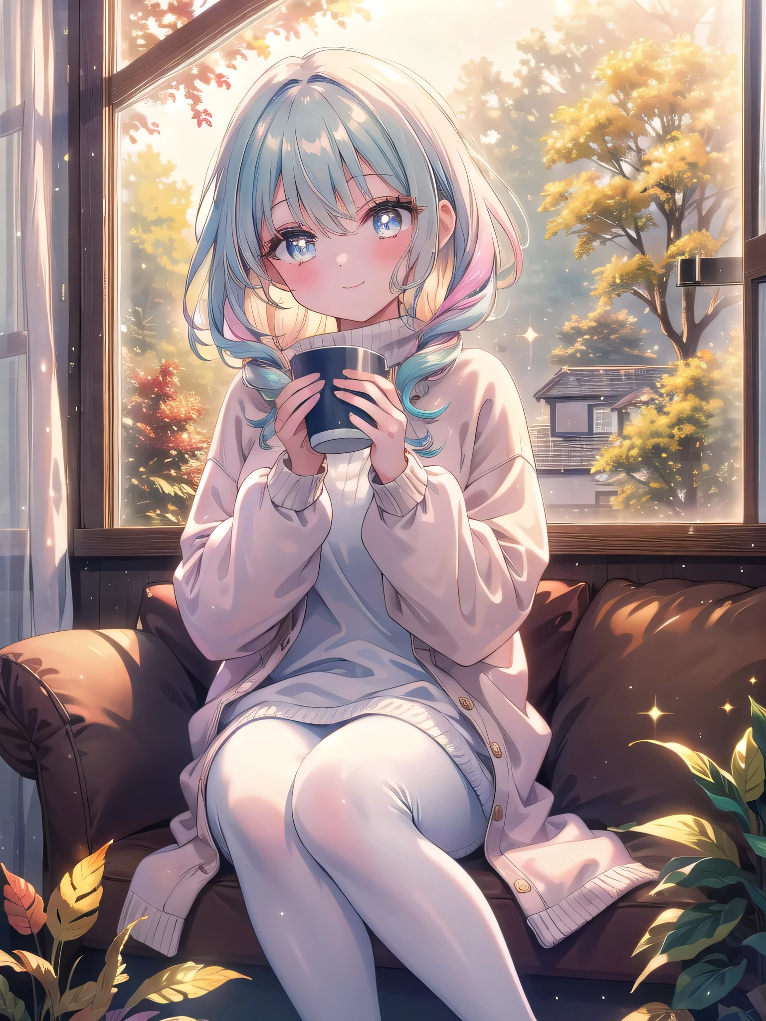 ((8k, Highest quality, masterpiece: 1.3)),Ultra-high resolution,(1 girl, alone), (Color changing eyes, Ultra-detailed, Expressive brilliance, Glitter, Glowing Eyes), Highly detailed eyes, Highly detailed face, Random Hair, ((pastel colour))Enjoying a Cup of Tea by the Window
Seated by a large window with a view of the early autumn trees outside, the woman is holding a cup of tea in both hands, savoring the warmth. She’s dressed in a cozy, oversized sweater in a soft cream color and leggings, her feet tucked up on the chair. Her hair is loose, slightly tousled, and she looks at the camera with a peaceful, content smile. The soft light from the window highlights the golden hues of the leaves outside, creating a warm, comforting scene.
