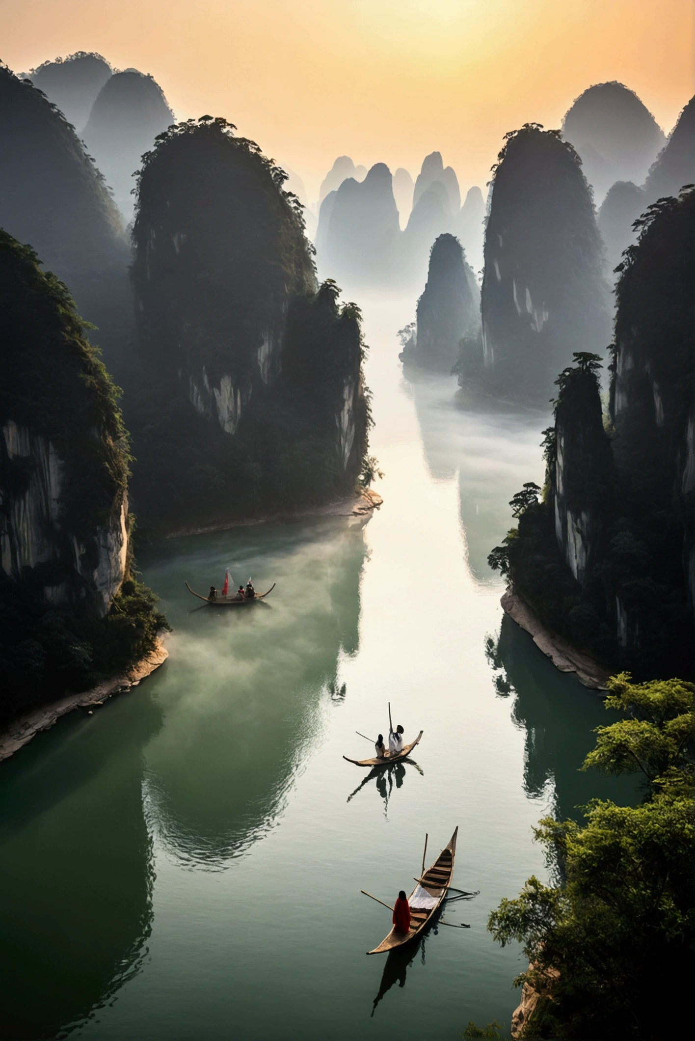 Misty,Sunset through the fog,A 92-degree aerial view of a simple bamboo raft tied with bamboo,A woman wearing Chinese Hanfu on a bamboo raft holds an umbrella in front,There is a boatman behind,There are stone cliffs on both sides,Like a Chinese landscape painting, like a fairyland, like the mountains of Zhangjiajie,Maximum resolution,All the details can be seen clearly,Cinematic color grading
