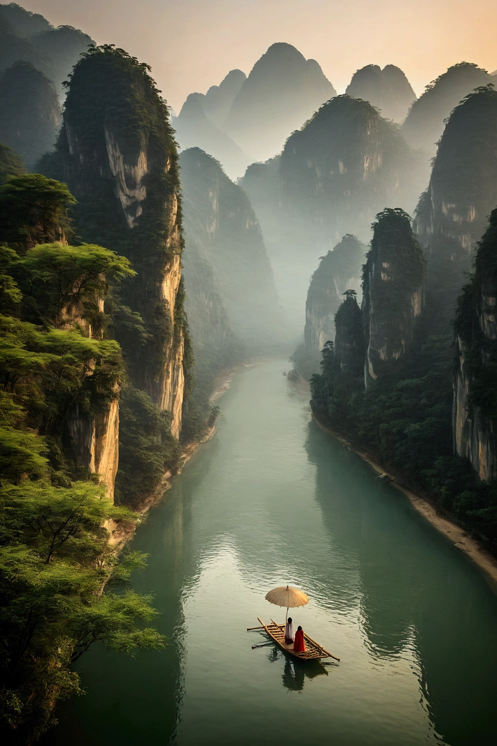 Misty，Sunset through the fog，A 92-degree aerial view of a simple bamboo raft tied with bamboo，A woman wearing Chinese Hanfu on a bamboo raft holds an umbrella in front，There is a boatman behind，There are stone cliffs on both sides，Like a Chinese landscape painting, like a fairyland, like the mountains of Zhangjiajie，Maximum resolution，All the details can be seen clearly，Cinematic color grading
