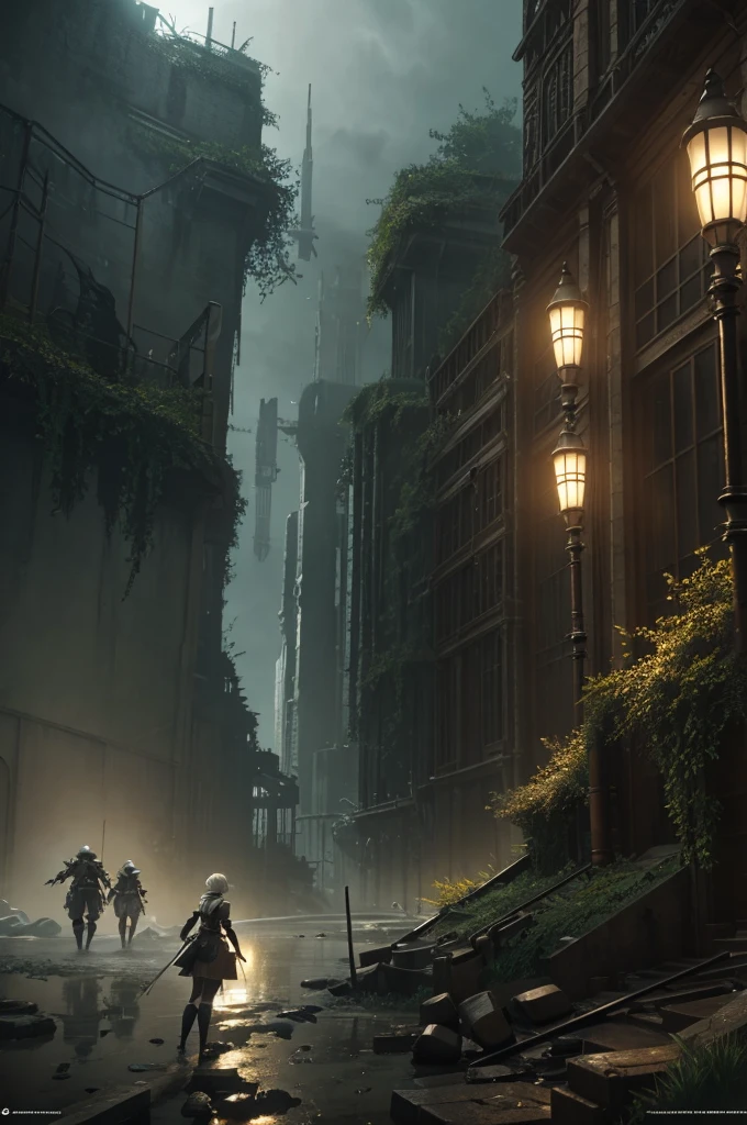 an environmental concept art of nier automata, highly detailed, 2 b, environmental light, cinematic by francis tneh