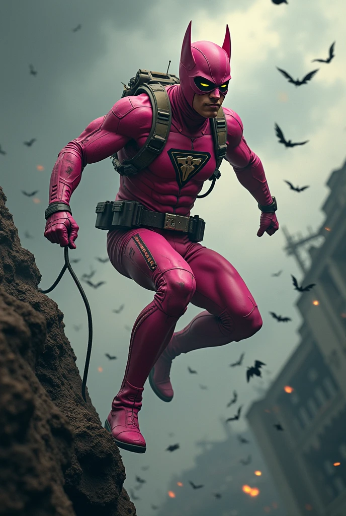 Malaysia man in high-tech suit, vivid effects, malaysian superhero (KELUANG MAN) in a striking pink and beige costume cyberpunk design, mask small mini bat ear beige, daredevil beige mask, jumpsuit dark pink stands confidently in a dramatic.jumping from high place.hero costume.one hand rise up. Big triangle logo on the chest.high detail Punisher logo on the chest. Fighting pose , stormy landscape. ((Head covered node guard like batman. Running pose , athletic body type, small mini ear bat mask))The character wears domino mask a helmet with pointed mini torn ears and a flowing cape biege, open nose and mouth. Equipped with visible futuristic weapons on a belt,bullet proof jacket pink dark day.show fingers pose, dark night, big supermoon effect . Small logo on chest triangle shape small punisher logo center(( skull triangle Casey Jones mask shape logo)) center on chest pink logo mini logo . rocky. Building top.smoke ground , hand fired with gun , bomb effect background, losse pants, losses costume.adding to --ar 3:4 --style raw --stylize 500 --v 6.1. chaos. Lot of small flying bat. One leg on the high stone. Man. Wear hologram watch.. Real man age 40 year old. One hand holding belt.one hand holding black rope hanging on building. Big pant pink. Beige cape joodie.(( Loose pant)) , jump on high building)marvel , X-Men((. Hand holding two gun.))(( gun glowing hot metal))