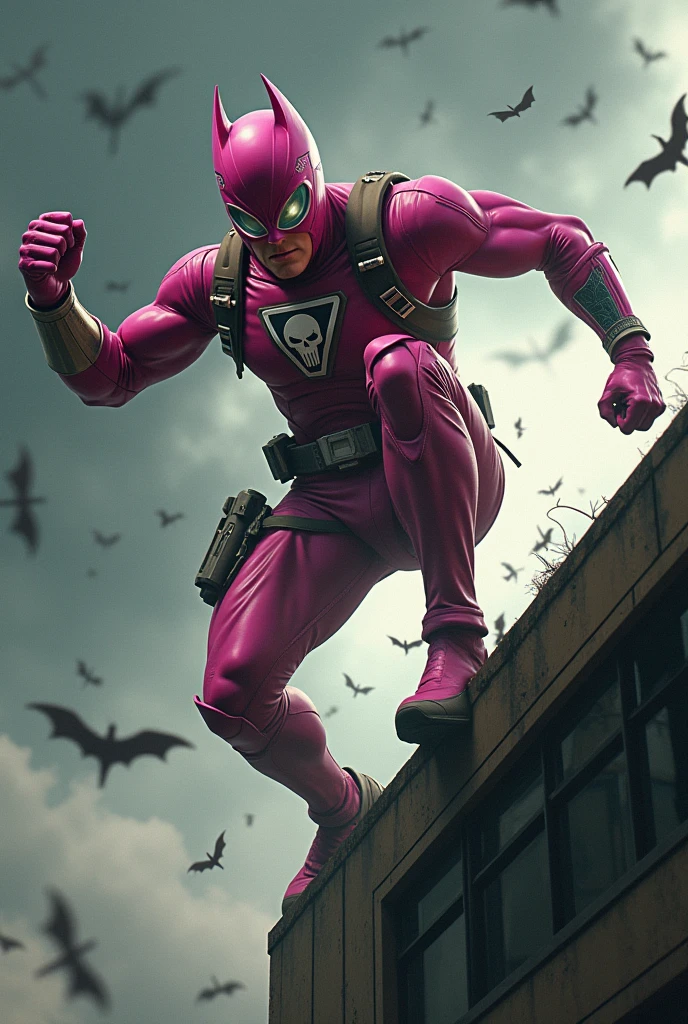 Malaysia man in high-tech suit, vivid effects, malaysian superhero (KELUANG MAN) in a striking pink and beige costume cyberpunk design, mask small mini bat ear beige, daredevil beige mask, jumpsuit dark pink stands confidently in a dramatic.jumping from high place.hero costume.one hand rise up. Big triangle logo on the chest.high detail Punisher logo on the chest. Fighting pose , stormy landscape. ((Head covered node guard like batman. Running pose , athletic body type, small mini ear bat mask))The character wears domino mask a helmet with pointed mini torn ears and a flowing cape biege, open nose and mouth. Equipped with visible futuristic weapons on a belt,bullet proof jacket pink dark day.show fingers pose, dark night, big supermoon effect . Small logo on chest triangle shape small punisher logo center(( skull triangle Casey Jones mask shape logo)) center on chest pink logo mini logo . rocky. Building top.smoke ground , hand fired with gun , bomb effect background, losse pants, losses costume.adding to --ar 3:4 --style raw --stylize 500 --v 6.1. chaos. Lot of small flying bat. One leg on the high stone. Man. Wear hologram watch.. Real man age 40 year old. One hand holding belt.one hand holding black rope hanging on building. Big pant pink. Beige cape joodie.(( Loose pant)) , jump on high building)marvel , X-Men((. Hand holding two gun.))(( gun glowing hot metal))