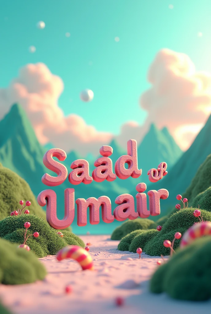 Saad and umair name 3d in sky with green mountain 