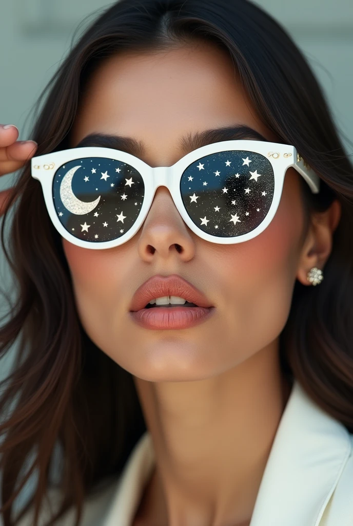 The model is wearing glass sunglasses with stars and the moon on the glass