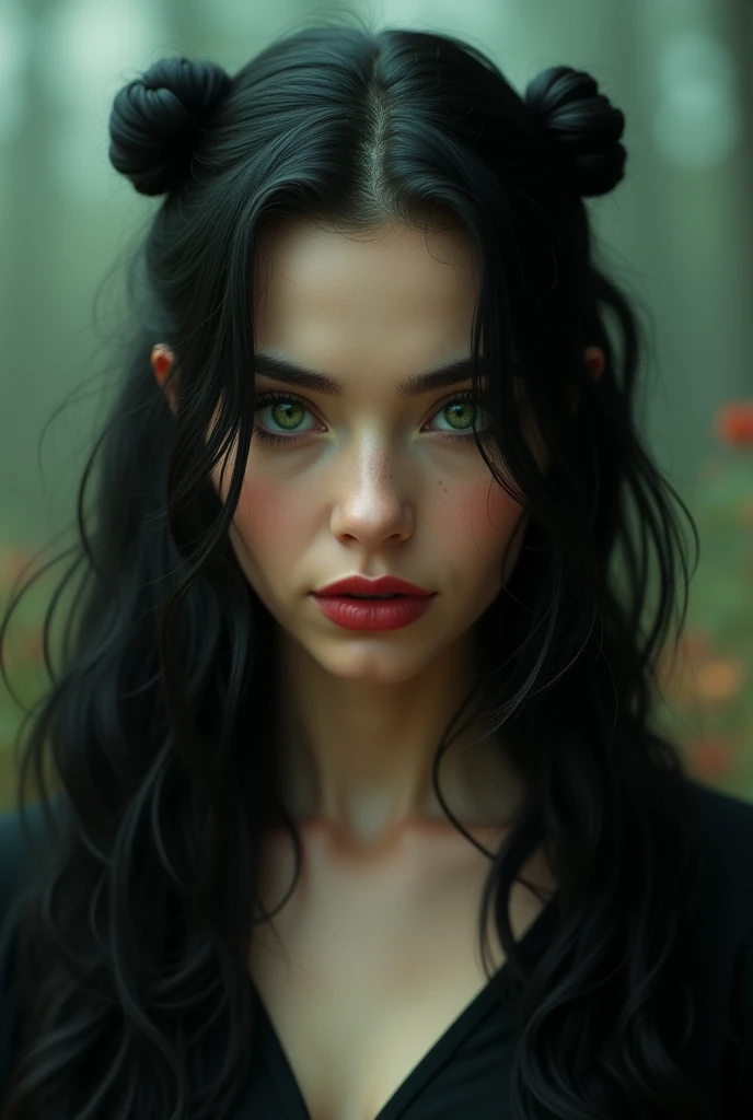 Long, wavy, and jet-black, with a healthy sheen., hair bobbles, wince, longeyelashes, Green and piercing, conveying both strength and mystery., light smile, ear blush, fang, ccurate, Eyebrows:
Well-defined and arched, emphasizing her intense gaze, Lips:
Full, usually accentuated with dark red or nude lipstick., Height:
Tall and slender, with an elegant and confident posture, Surrealism, drop shadow, anaglyph, stereogram, tachi-e, pov, atmospheric perspective, 8k, super detail, best quality