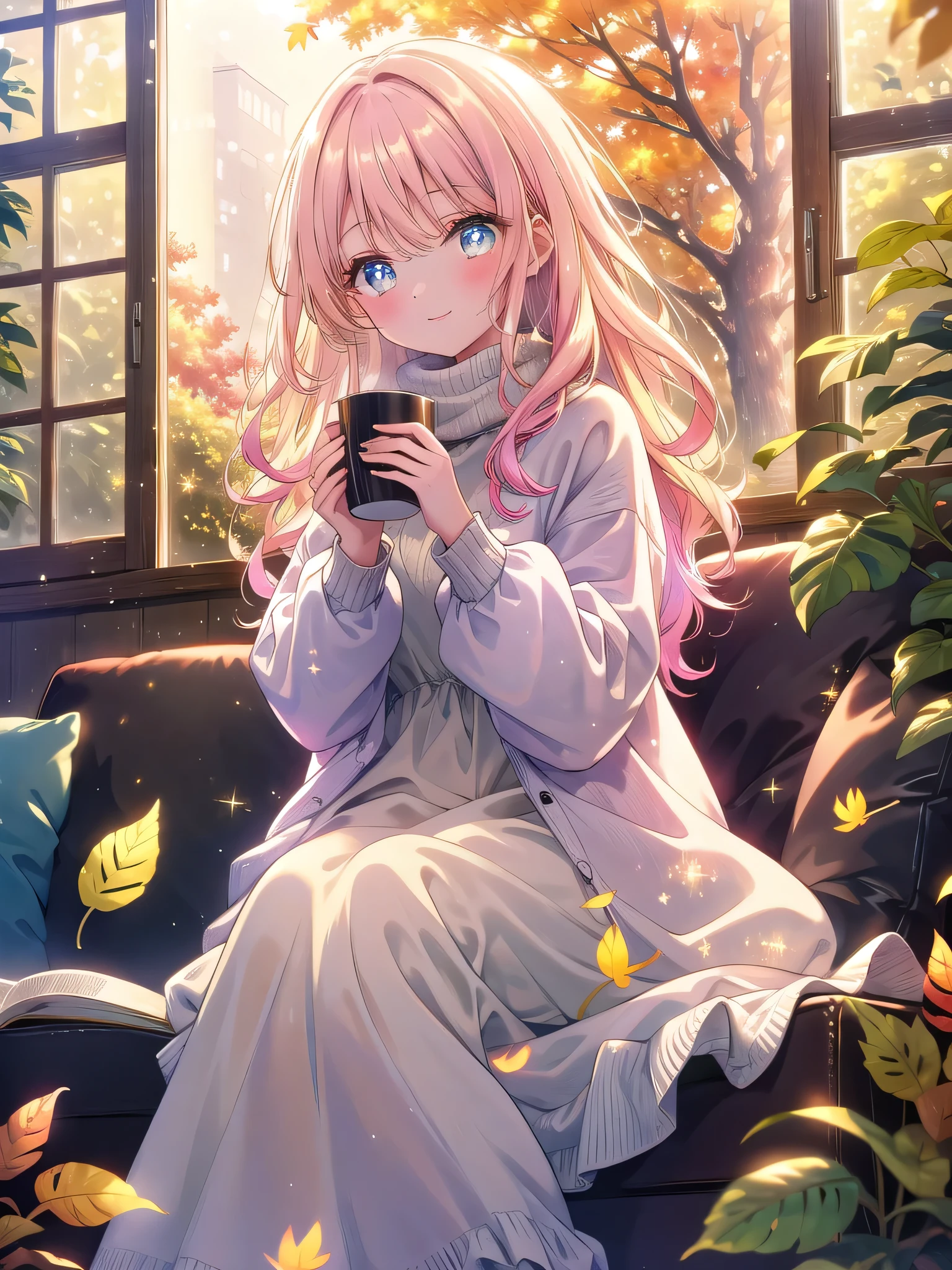 ((8k, Highest quality, masterpiece: 1.3)),Ultra-high resolution,(1 girl, alone), (Color changing eyes, Ultra-detailed, Expressive brilliance, Glitter, Glowing Eyes), Highly detailed eyes, Highly detailed face, Random Hair, ((pastel colour))Enjoying a Cup of Tea by the Window
Seated by a large window with a view of the early autumn trees outside, the woman is holding a cup of tea in both hands, savoring the warmth. She’s dressed in a cozy, oversized sweater in a soft cream color and leggings, her feet tucked up on the chair. Her hair is loose, slightly tousled, and she looks at the camera with a peaceful, content smile. The soft light from the window highlights the golden hues of the leaves outside, creating a warm, comforting scene.