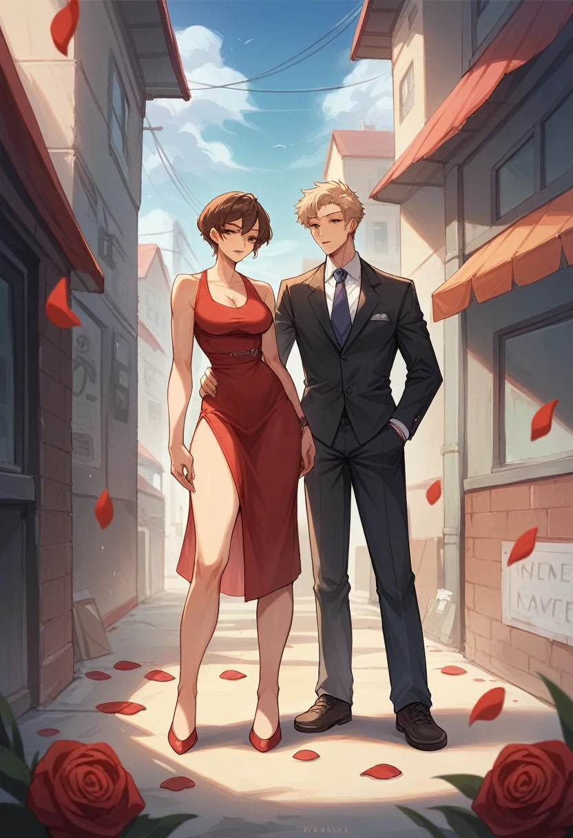 A background of a dark street with bullets and red rose petals on the ground, The brown-haired girl with a curvy body and of average height is standing between the two men who are almost two meters tall and have athletic bodies well worked out by the gym. The girl is wearing a sexy red dress and the men are wearing tailored black suits.. One of the men has short platinum hair , Men are between 35 and 3. she measures 1.6 and two meters tall