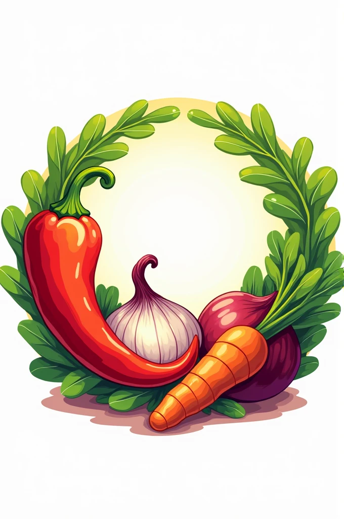 I want an image of the following. I just want a simple illustration like a brand or logo of the following. A space margin in the circle part for a name. A circular design with illustrations with super vivid colors of a Chile onion.,carrot and with a salad on the side.