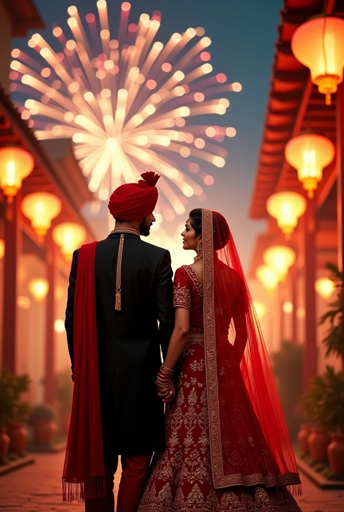 I want a barat invitation where bride is wearing a red lehnga with dupatta on head and full body covered and groom wearing black sherwani and red turbin and both holding hands from behind and pic is of the back veiw and there is is lantern and fireworks in both sides and on sky and there is ample space on the top of pic for invitation 