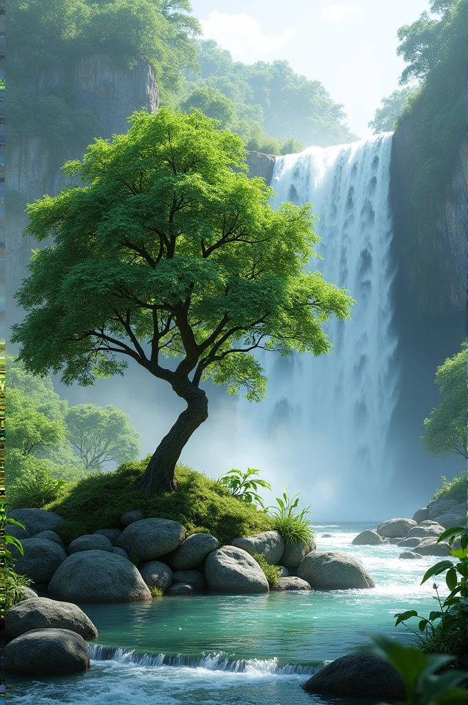 Create an image of a bush that is in the middle of a river and in the background there is a waterfall including stones and plants.