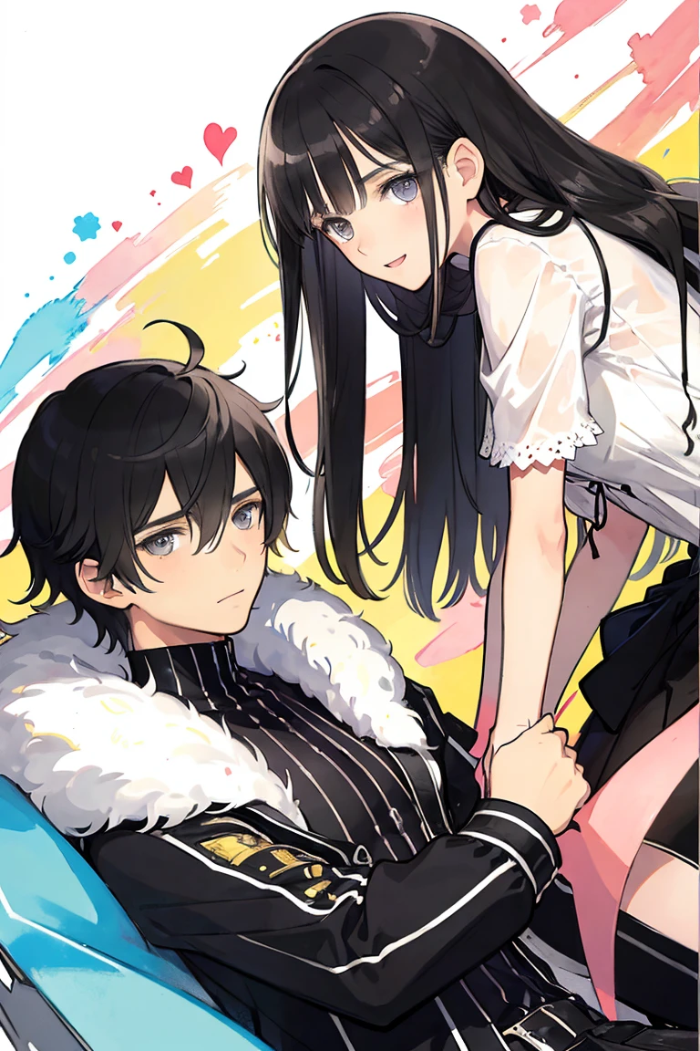 man and woman, couple, love, mature, a cat woman, she has freckles, she has dark brown eyes and an upturned nose, she is happy and smiling, she has long wavy hair, black hair, she is wearing aviator sunglasses with clear lenses in a soft watercolor style. The girl's clothes must be pink, purple, and blue in celebration of the bisexual, with stains of ink and watercolor mixing and filling the scene. he has blonde hair, he is handsome, he is slim. There should be a subtle, nuanced change in colors using the impasto technique with gouache paint. There should be a light rain in the watercolor painting with a little watercolor paper texture and a pastel background.