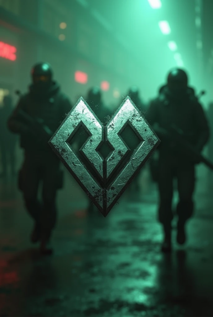 A silver, gritty, and stylized "MATRIX GAMING" logo with a blurred image of soldiers in the background, with the word "TOXIC" appearing in the background. [Digital art, cyberpunk style], [inspired by the work of Beeple], [lighting: green, focus on the logo, background: blurred soldiers and the word "TOXIC", texture: gritty, rendering: high quality]