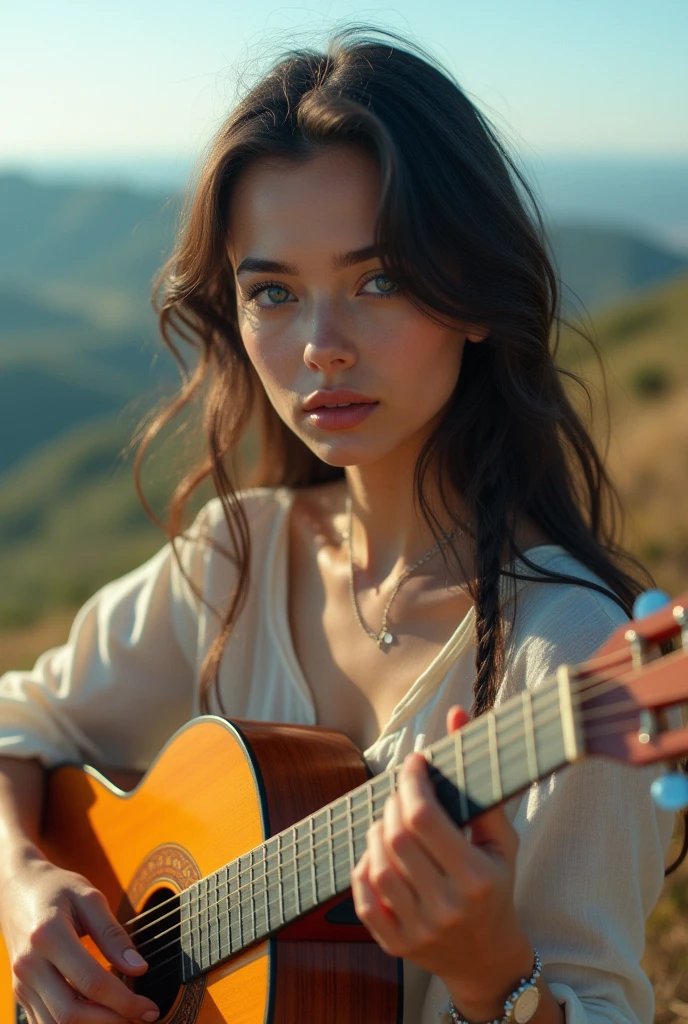 ((best quality)), ((masterpiece)), (detail), perfect face, panoramic photo of a young europe woman playing guitar on the high hil, woman with V-line face and blue eyes, clear face, clear guitar, Latin style surreal photo, 8k, ultra high resolution, sharp face