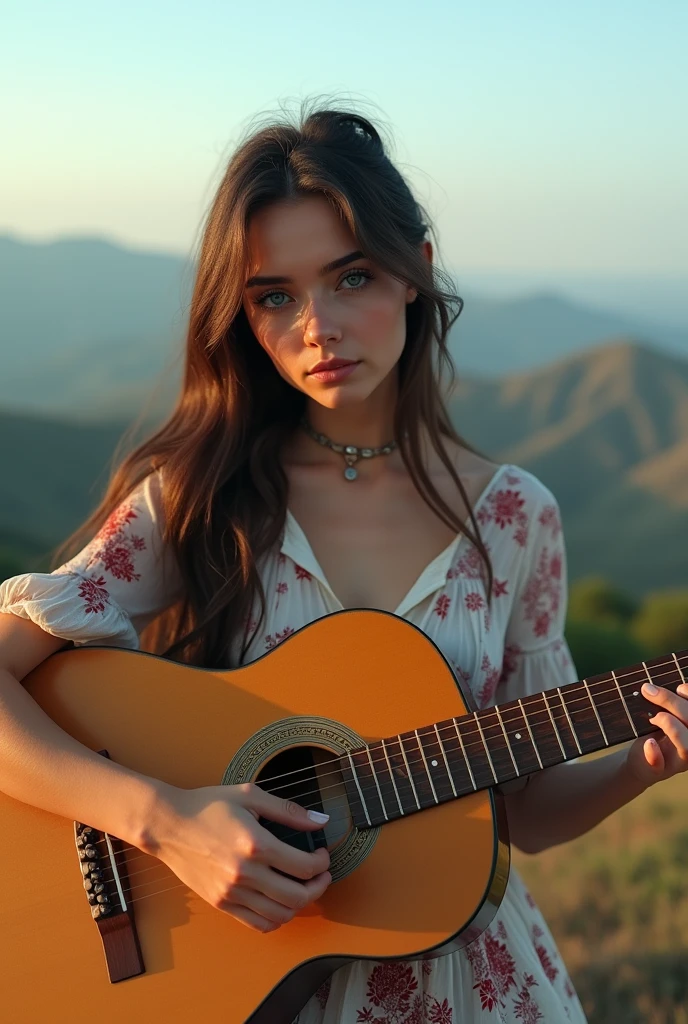 ((best quality)), ((masterpiece)), (detail), perfect face, panoramic photo of a young europe woman playing guitar on the high hil, woman with V-line face and blue eyes, clear face, clear guitar, Latin style surreal photo, 8k, ultra high resolution, sharp face