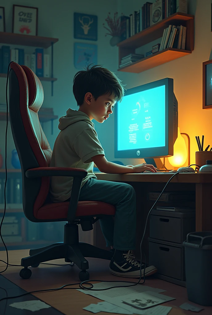 A boy is sitting on his computer disk and looking into camera