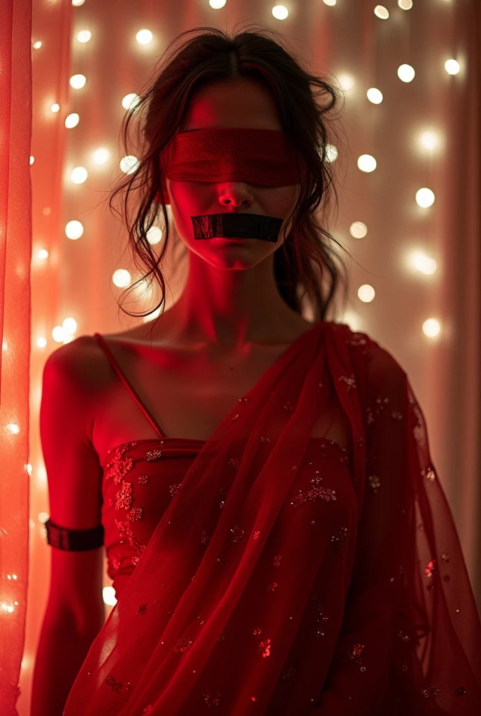 Aesthetic girl blindfolded duct tape gagged in red sparkling shimmering saree taking selfie tape gagged