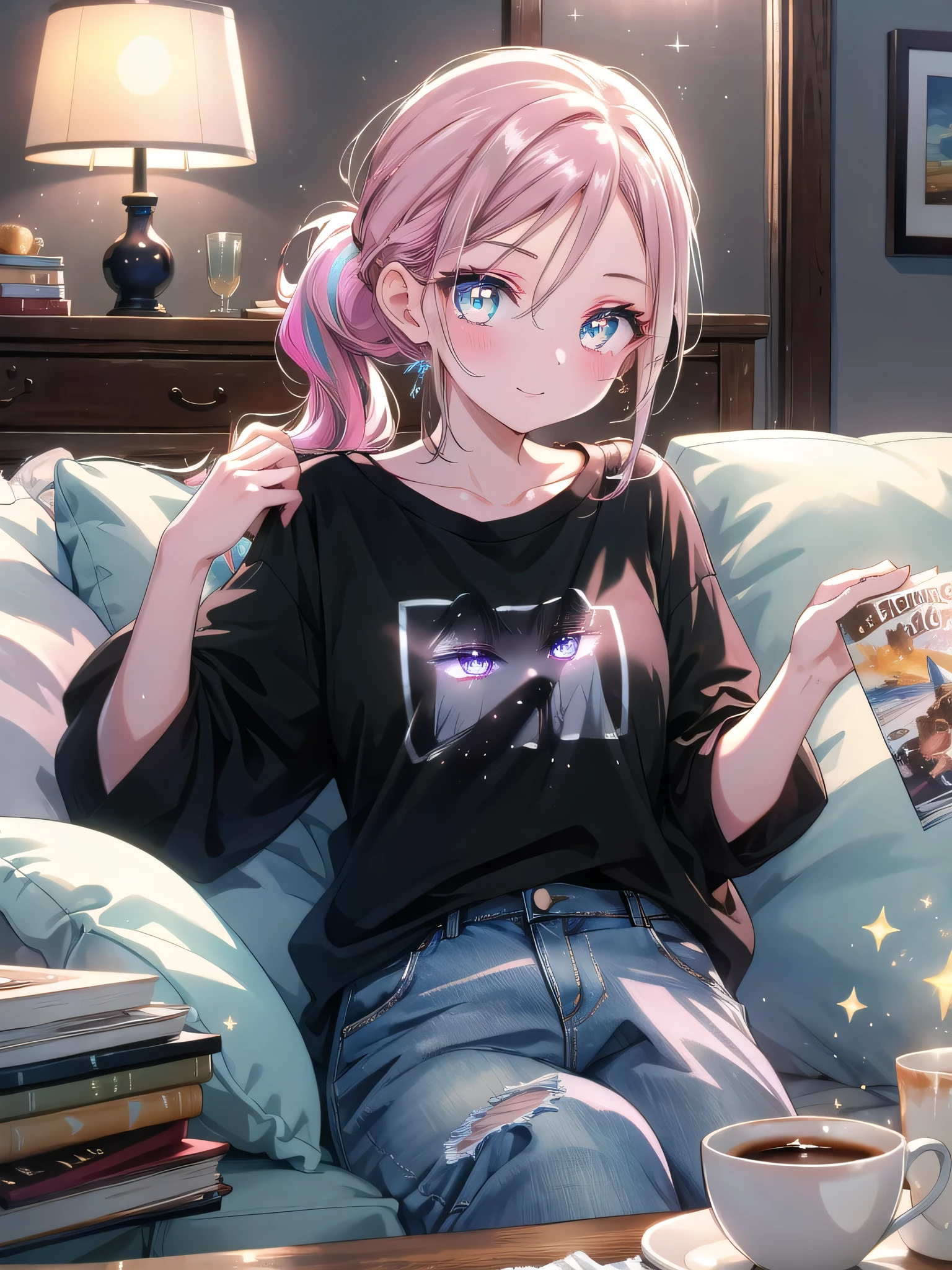 ((8k, Highest quality, masterpiece: 1.3)),Ultra-high resolution,(1 girl, alone), (Color changing eyes, Ultra-detailed, Expressive brilliance, Glitter, Glowing Eyes), Highly detailed eyes, Highly detailed face, Random Hair, ((pastel colour))Casual Evening on the Couch
In a cozy living room with a warm, inviting atmosphere, the woman is sitting cross-legged on a large, comfortable couch, flipping through a magazine. She’s dressed in a simple, fitted black t-shirt and relaxed denim jeans, her hair pulled back into a low ponytail. She looks up from the magazine, her expression soft and slightly amused as she meets the camera’s gaze. The room is softly lit by a table lamp, and the coffee table in front of her holds a few scattered magazines and a cup of tea.