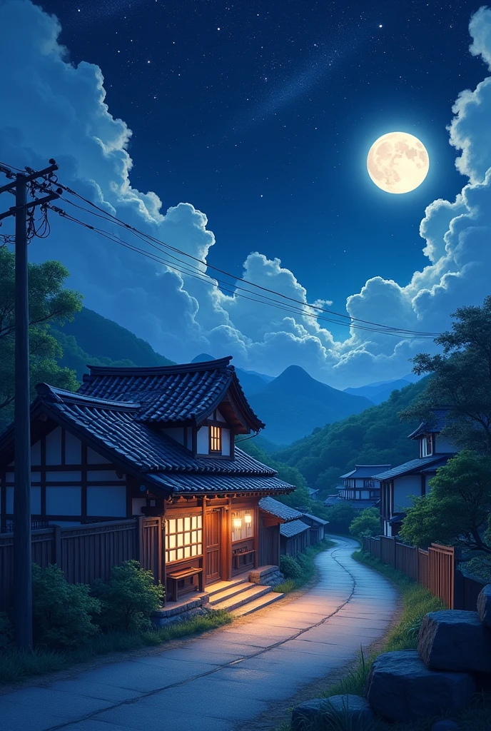 make a picture of Japan old Street view, night sky with Stars , moon , beutiful trees , realistic, Anime , stars in the sky , bright, cotton clouds, multiple stars, old Japanese houses, old traditional small house, million of Stars in sky , one house in street, villages road clay