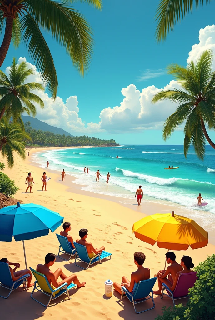 Canavieras beach Brazil with people chairs some surfing