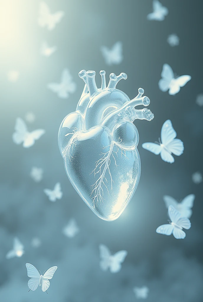 Clear glass heart organ with white butterflies around it
