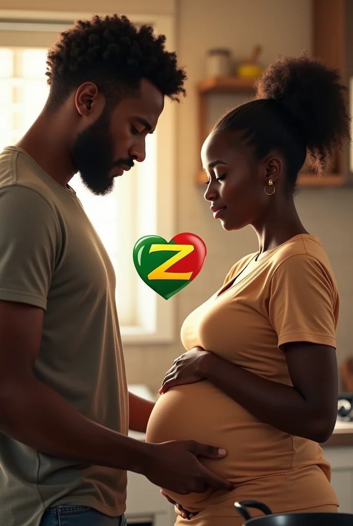 

Create a realistic picture put a ZimVitals logo, with the Z having Zimbabwean flag colours green, yellow, red and black colour and   of a black couple, the wife is pregnant and the husband is cooking in the kitchen. Make the couple's age around 30 years both. 