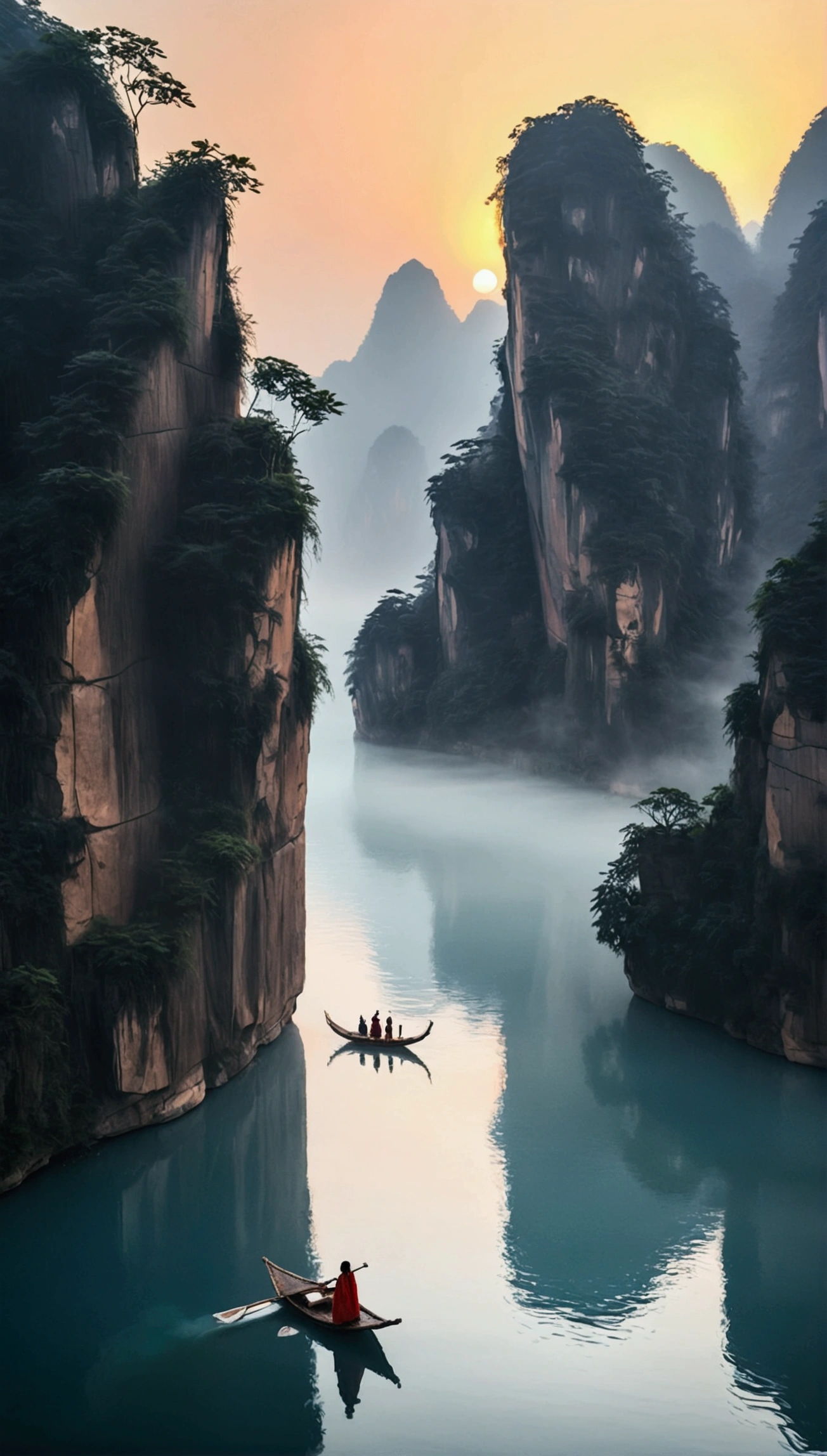 Misty，Sunset through the fog，A 92-degree aerial view of a simple bamboo raft tied with bamboo，A woman wearing Chinese Hanfu on a bamboo raft holds an umbrella in front，There is a boatman behind，There are stone cliffs on both sides，Like a Chinese landscape painting, like a fairyland, like the mountains of Zhangjiajie，Maximum resolution，All the details can be seen clearly，Cinematic color grading
