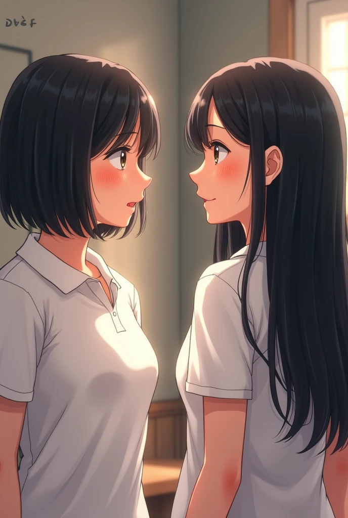 Teenage girl with short black hair wearing a white short sleeve polo shirt.TALKING with a lady with long black hair . in the background a room